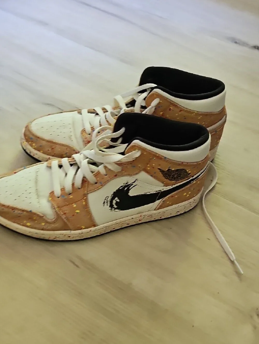 Jordan High-Top Sneakers in White and Tan with Multicolor Paint Splatter